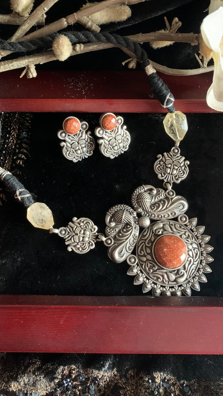 Vintage Carved Pendant Necklace with Studs - SHIVKA