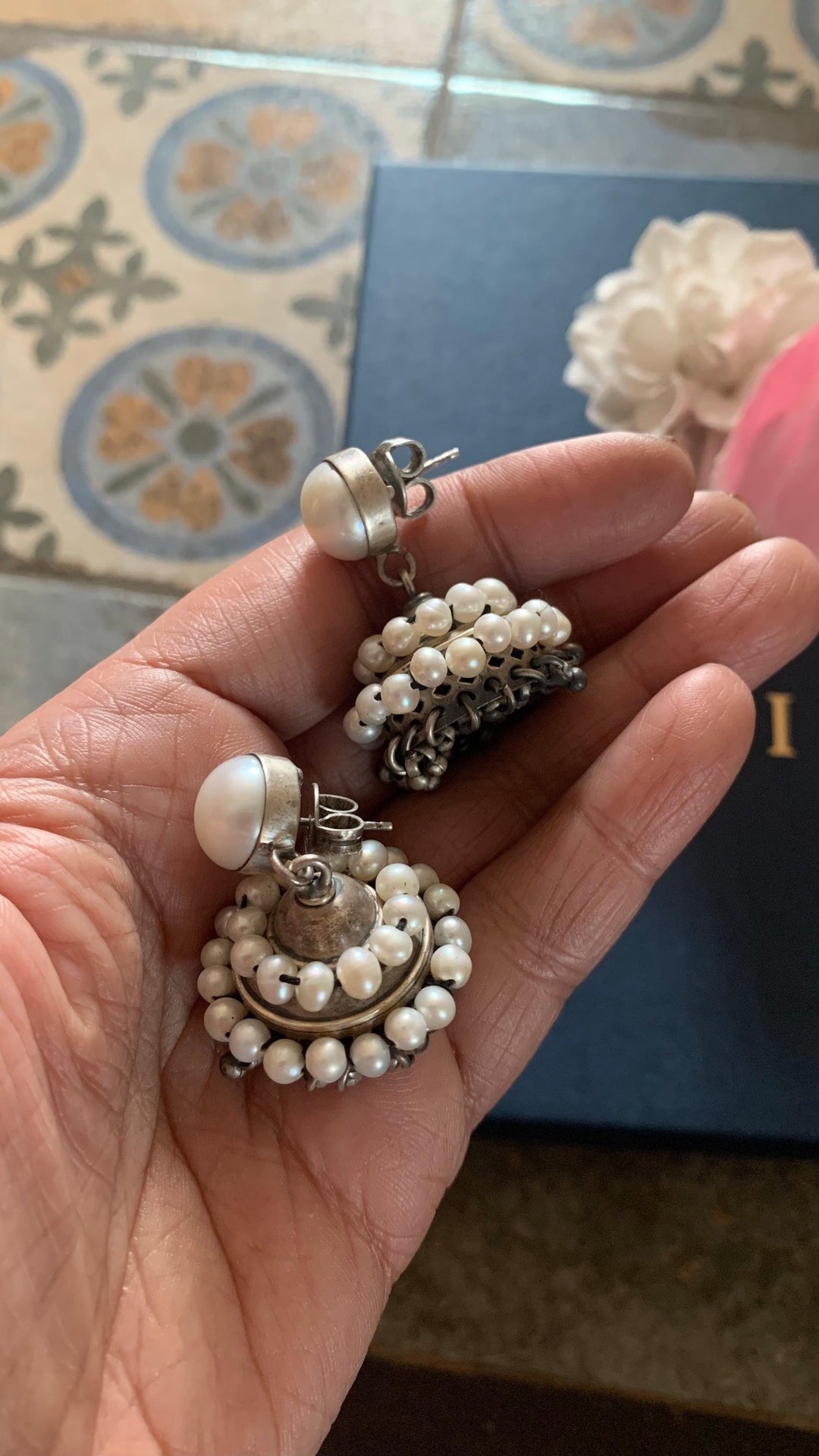 Vintage Pure 925 Silver Pearl Jhumki Earrings - SHIVKA