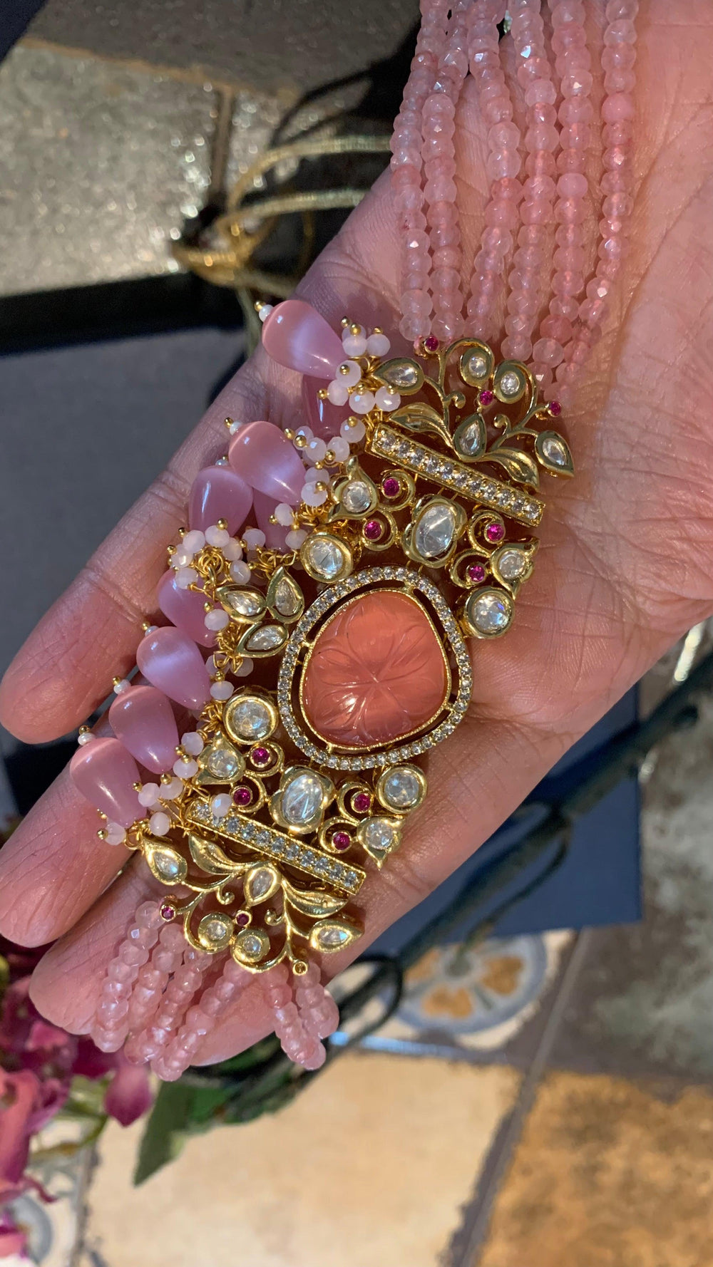 Pink Carved Stone Kundan Choker with Stud Earrings - SHIVKA