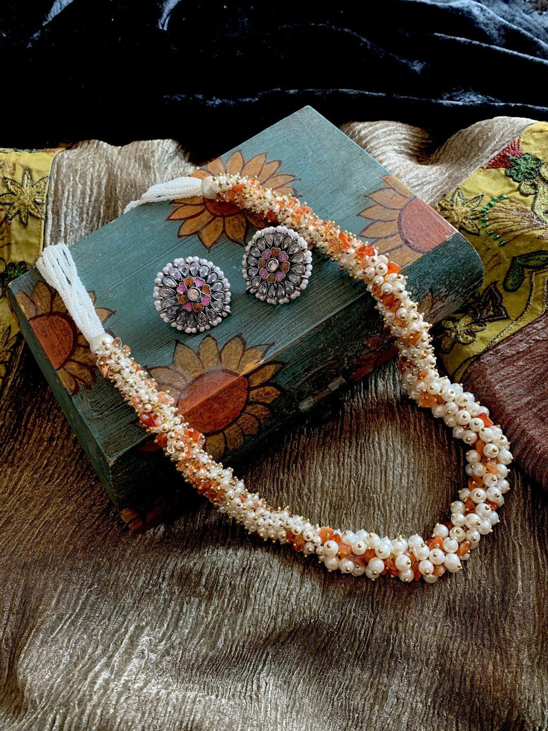 Pearl Clusters Necklace with Zirconia Studs - SHIVKA