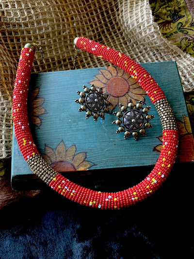 Red Beaded Necklace with Antique Studs - SHIVKA