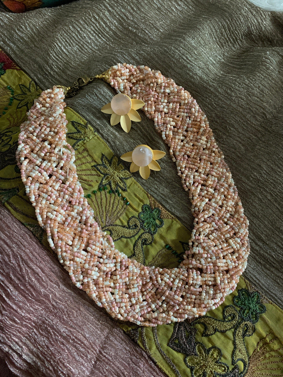 Statement Beaded Necklace with Gemstones Studs - SHIVKA