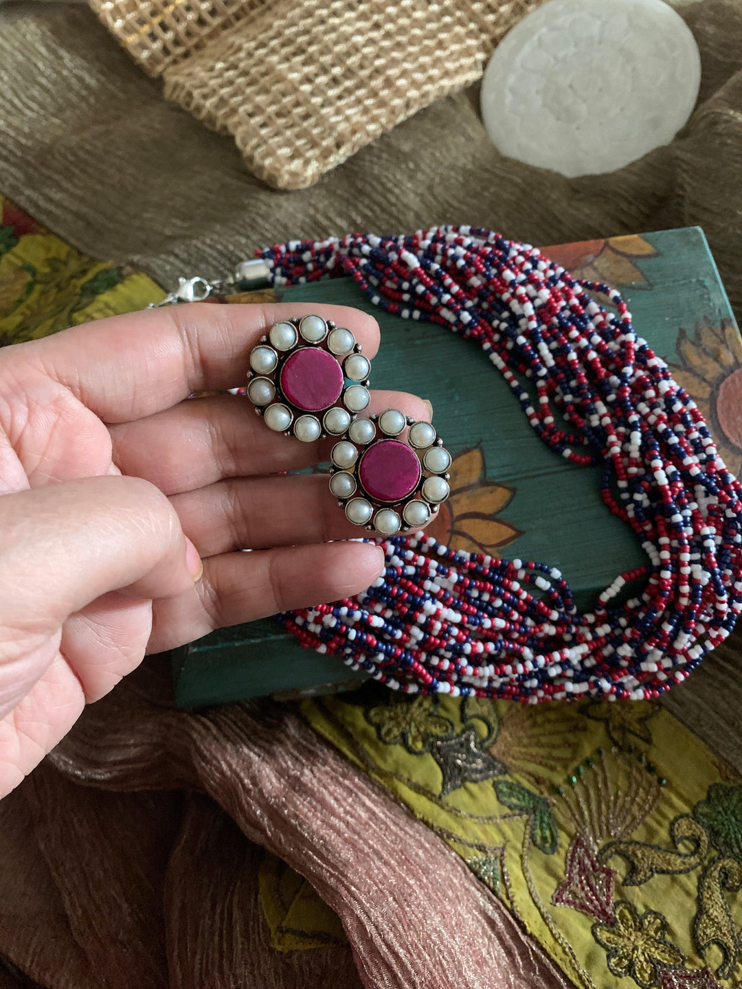 Statement Multicoloured Necklace with Gemstones Studs - SHIVKA