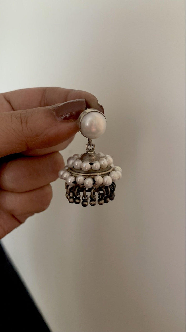 Vintage Pure 925 Silver Pearl Jhumki Earrings - SHIVKA