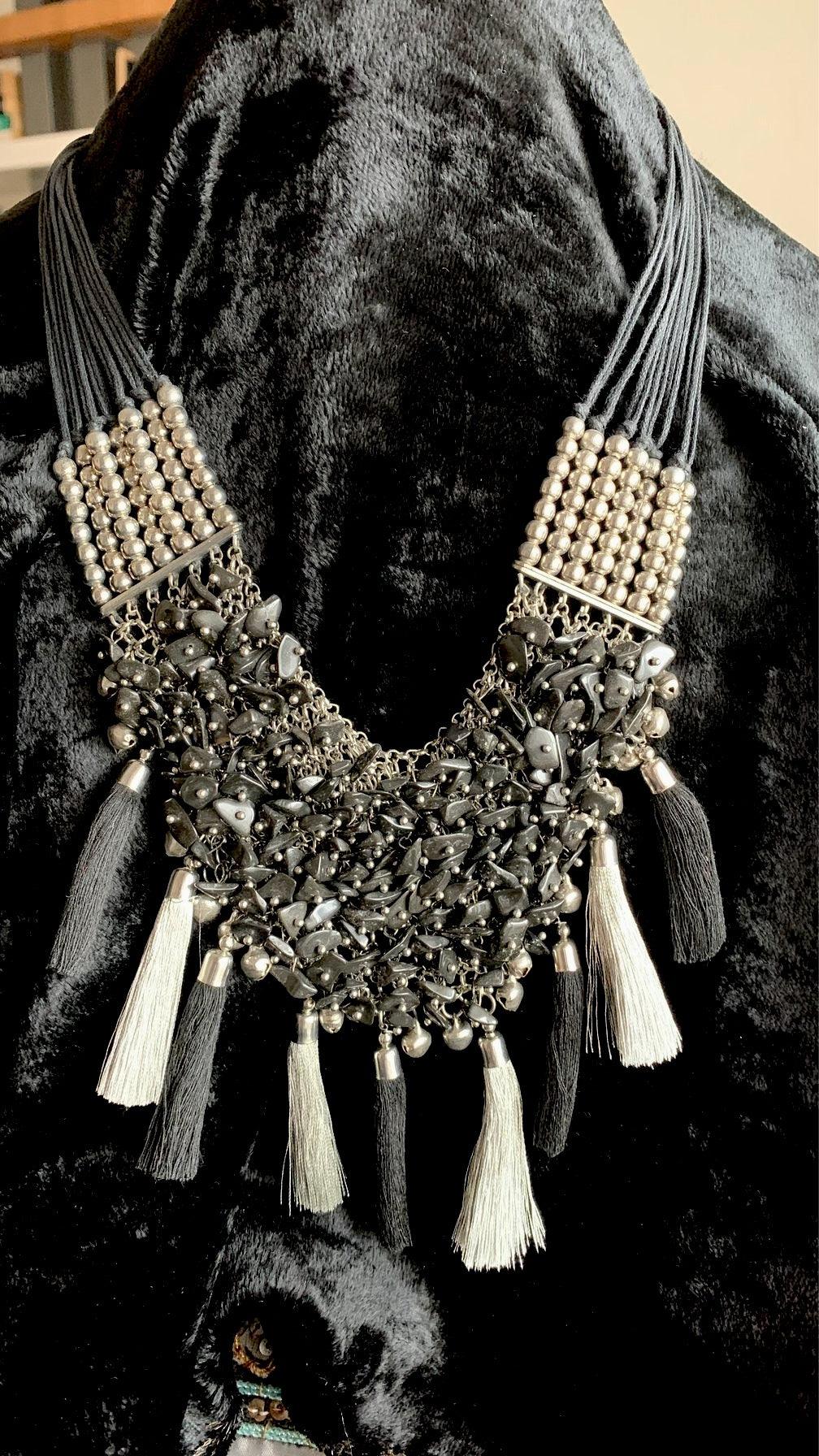 Silver and Black Designer beaded Necklace - SHIVKA