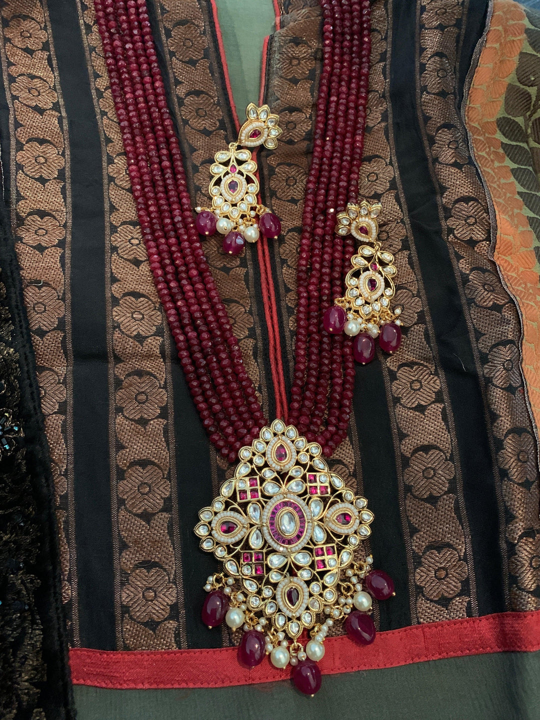 Ruby Pendant Necklace with Earrings - SHIVKA