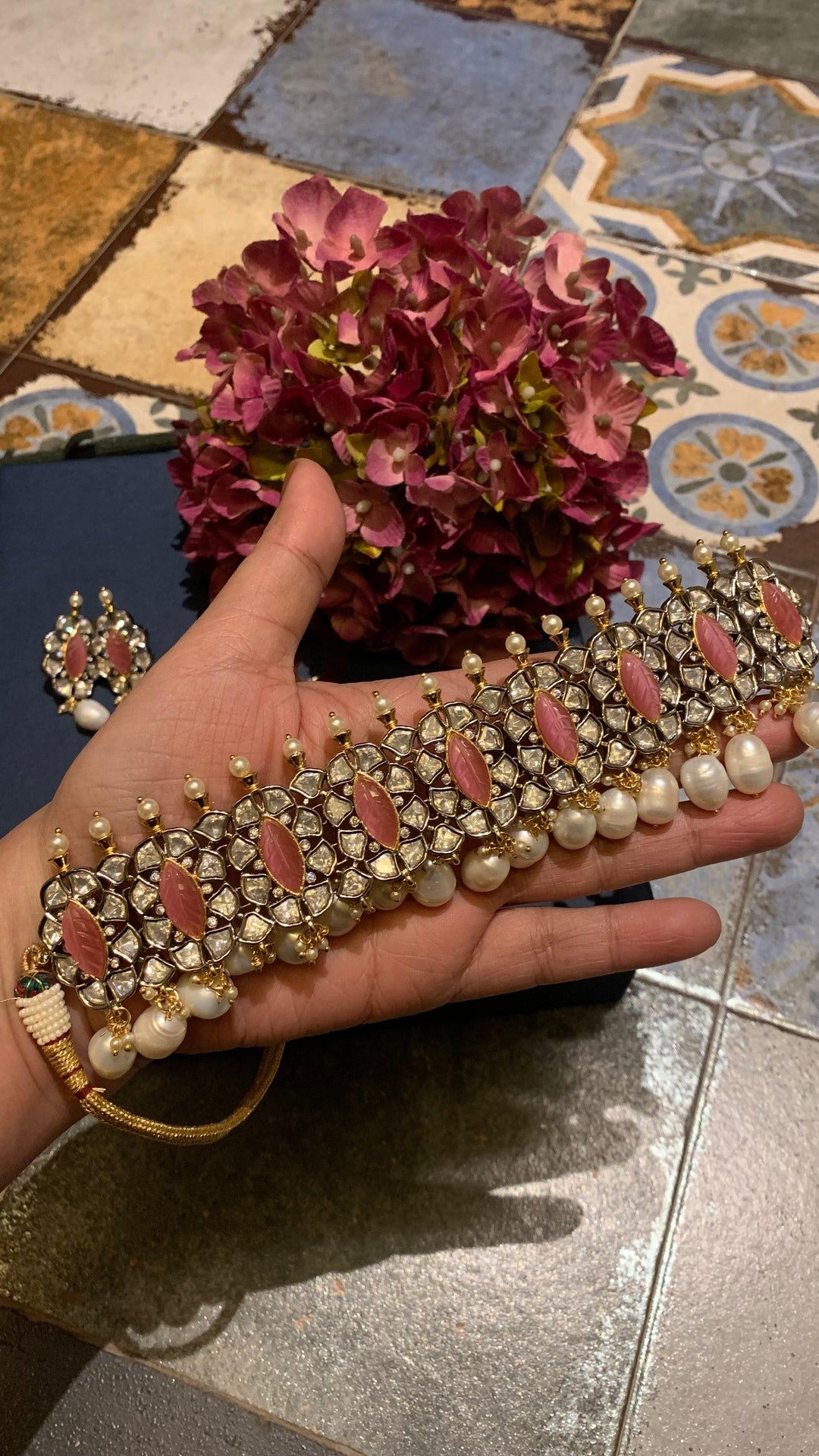 Scintillating Pink Kundan Choker with Earrings - SHIVKA