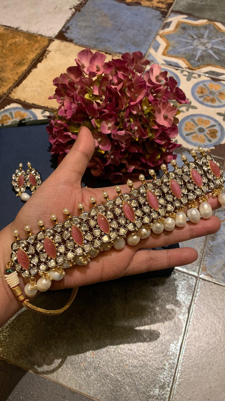 Scintillating Pink Kundan Choker with Earrings - SHIVKA