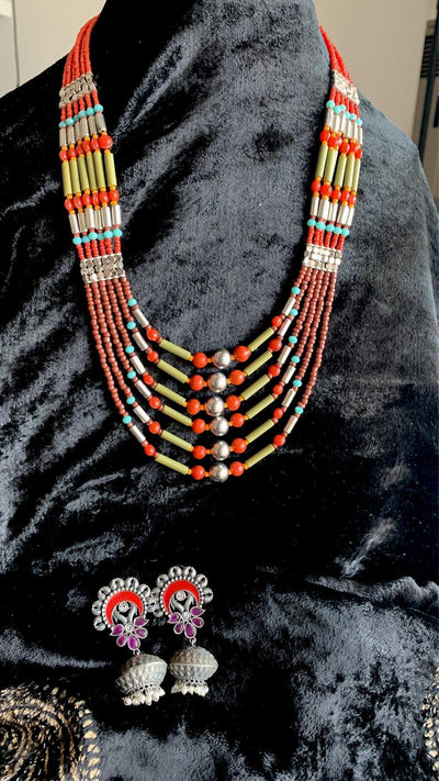 Trendy Coral Necklace with Enamelled Dome Jhumkas - SHIVKA