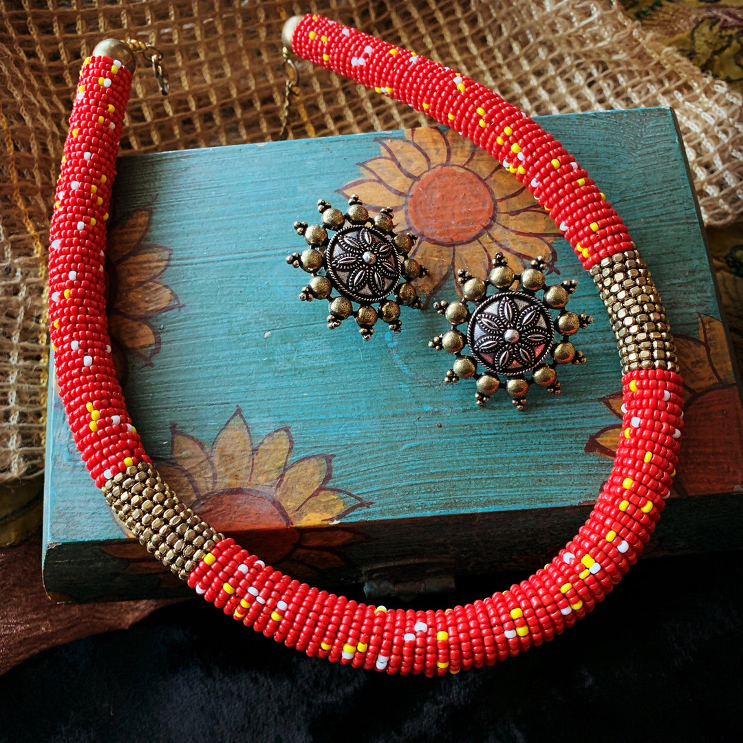 Red Beaded Necklace with Antique Studs - SHIVKA