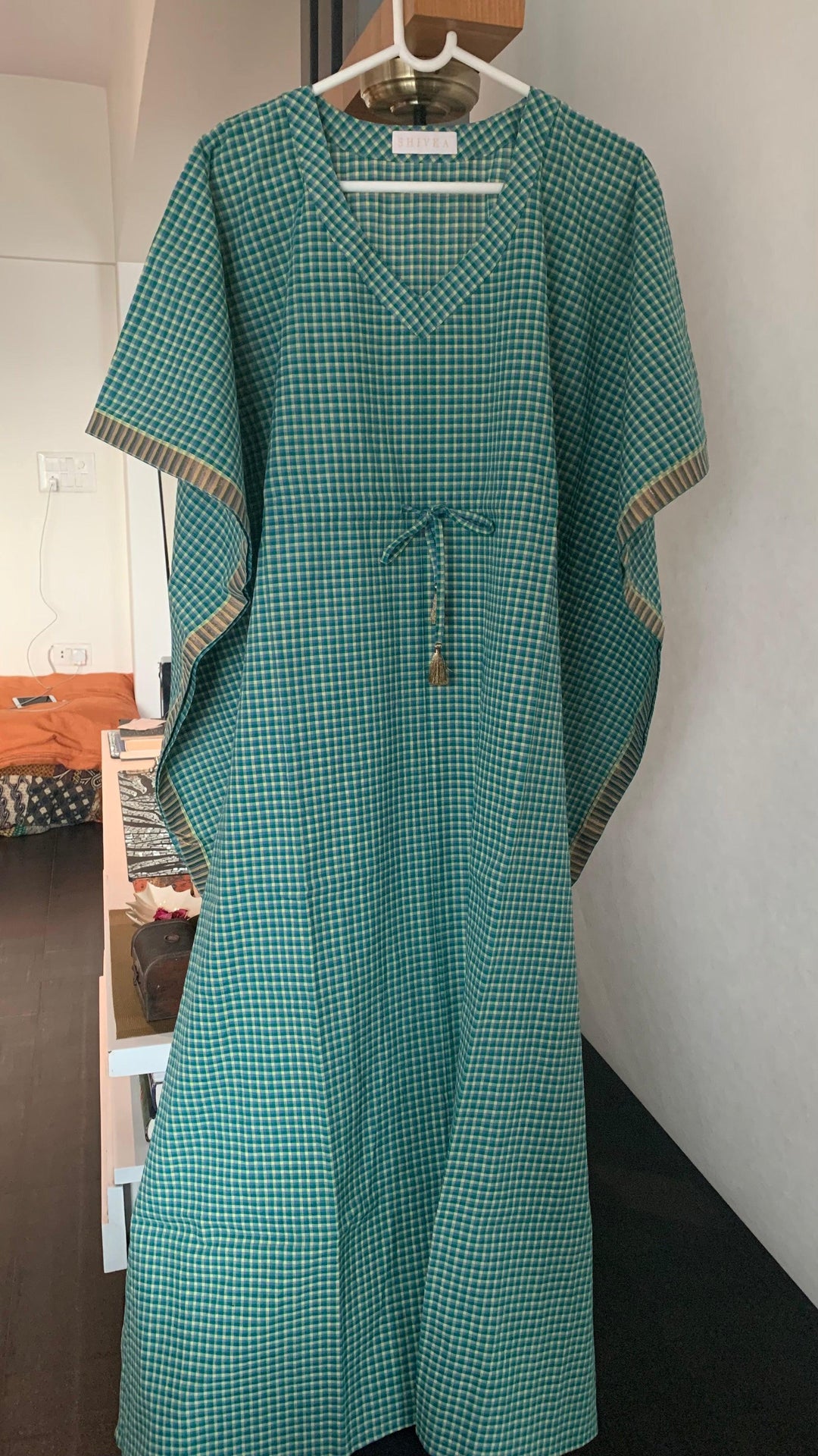 Green Checkered Cotton Kaftan - SHIVKA