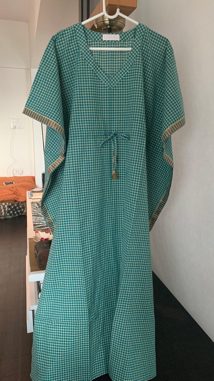 Green Checkered Cotton Kaftan - SHIVKA