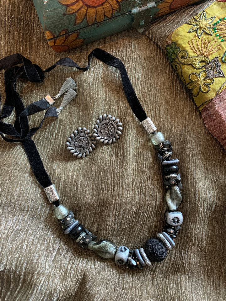 Black Silver Grey Combo Necklace with Antique Coin Studs