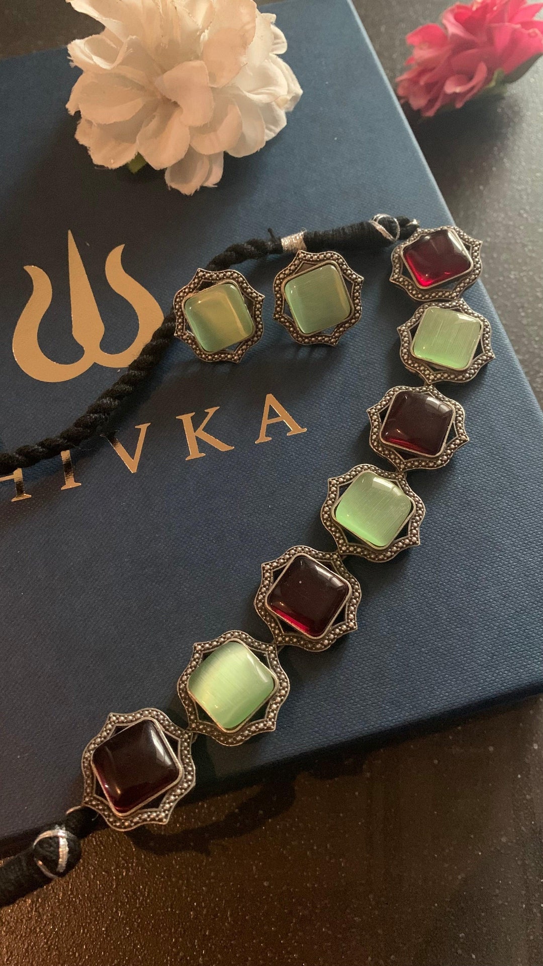 Statement Multicoloured Stones Necklace with Studs - SHIVKA
