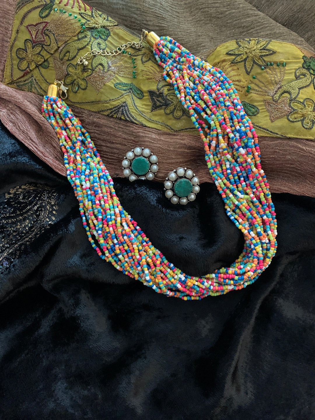 Multicoloured Statement Necklace with Gemstones Studs - SHIVKA