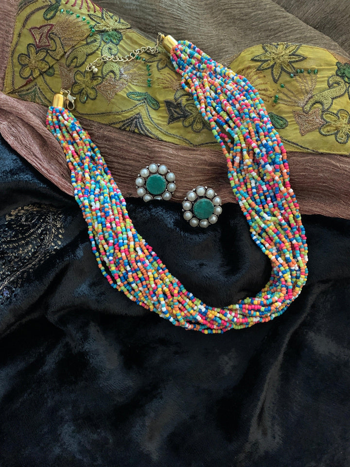 Multicoloured Statement Necklace with Gemstones Studs - SHIVKA