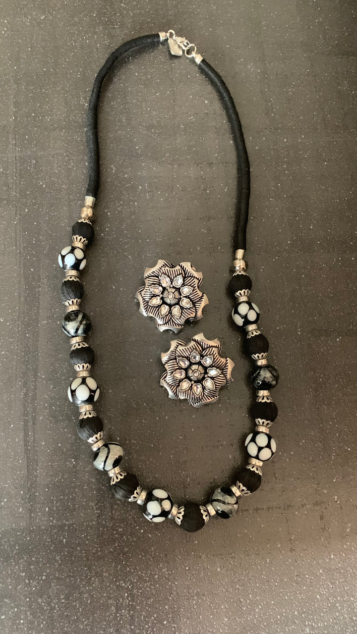 Black and Silver Beaded Necklace with Statement Studs