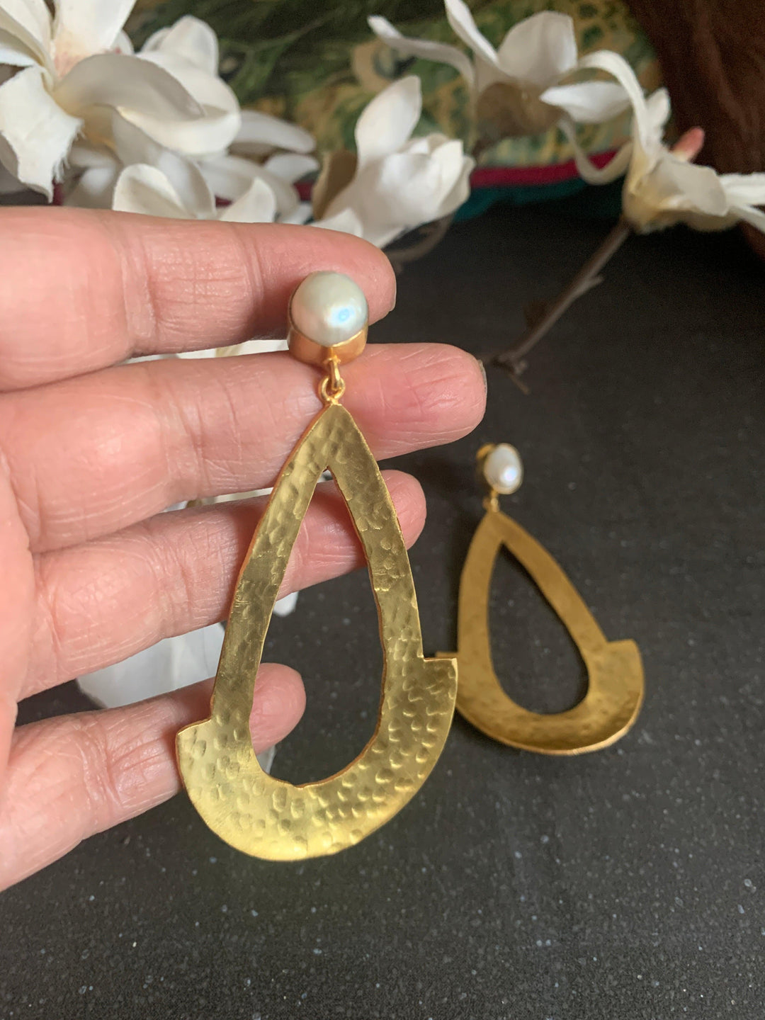 Statement Textured Gold Pearl Earrings - SHIVKA