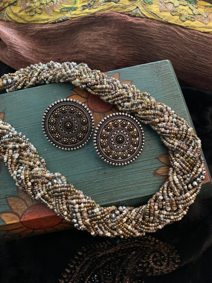 Statement Beaded Necklace with Statement Studs - SHIVKA