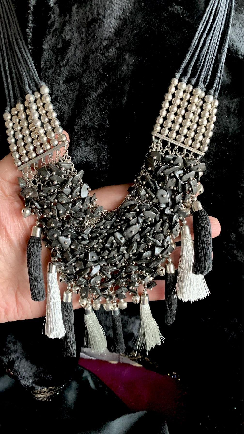 Silver and Black Designer beaded Necklace - SHIVKA
