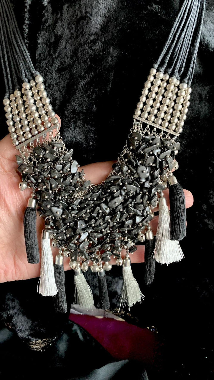 Silver and Black Designer beaded Necklace - SHIVKA