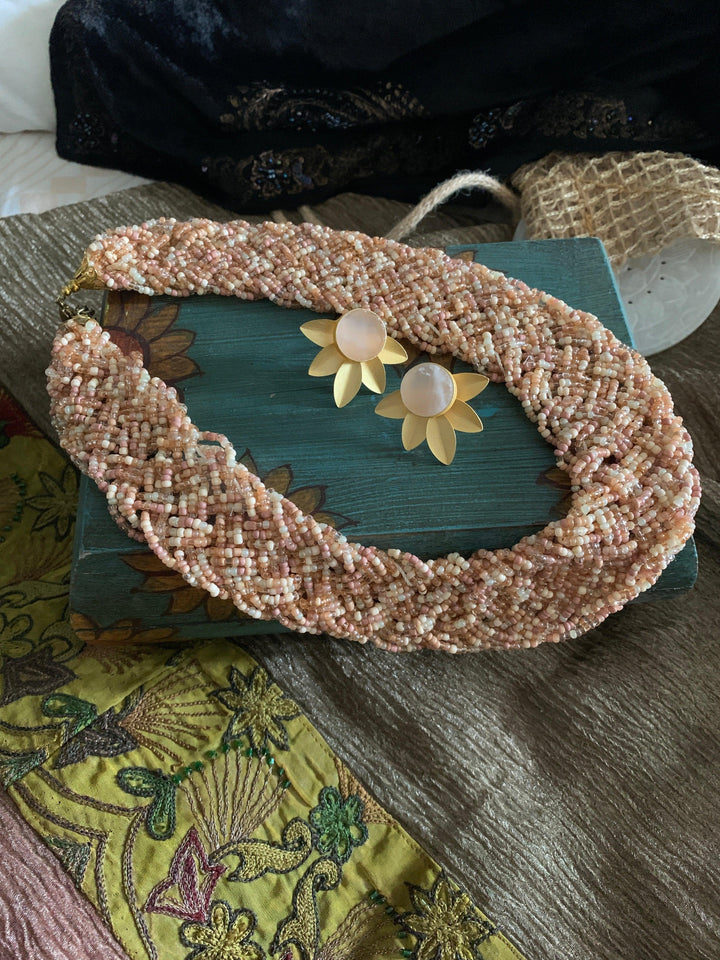 Statement Beaded Necklace with Gemstones Studs - SHIVKA