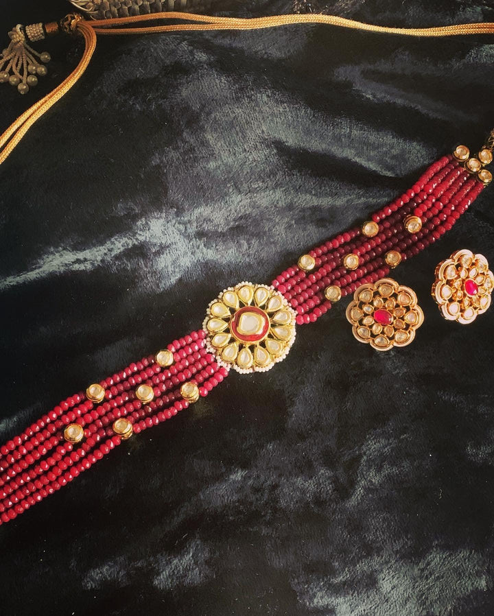 Ruby Kundan Flower Choker Necklace with Studs - SHIVKA