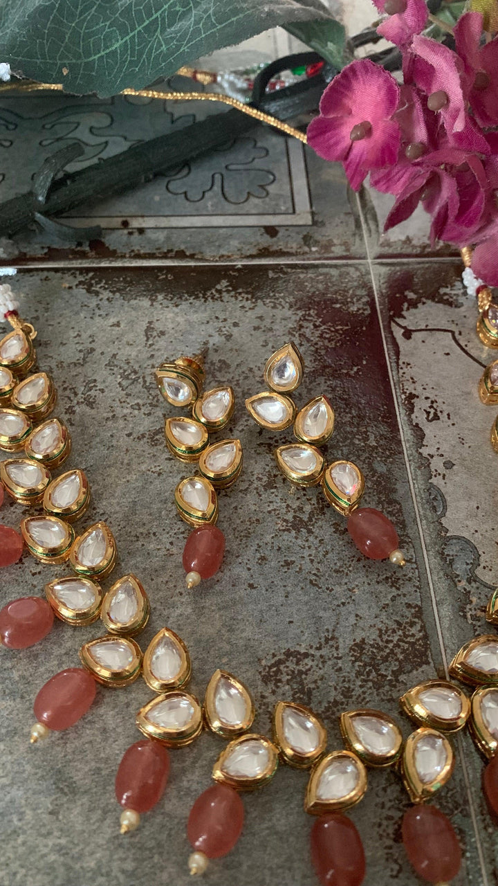 Peach Drops Kundan Necklace with Earrings - SHIVKA