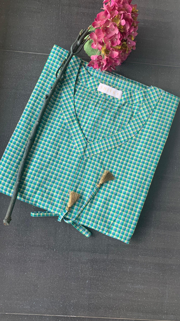 Green Checkered Cotton Kaftan - SHIVKA