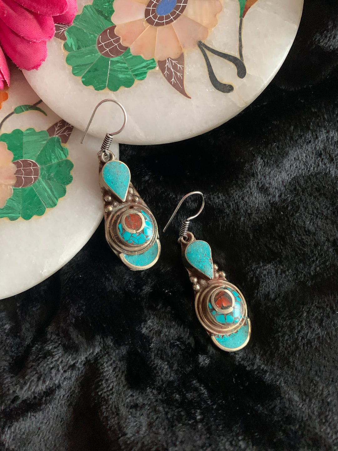 Antique Turquoise and Coral Danglers