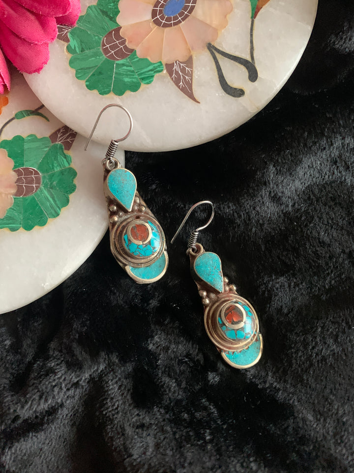 Antique Turquoise and Coral Danglers