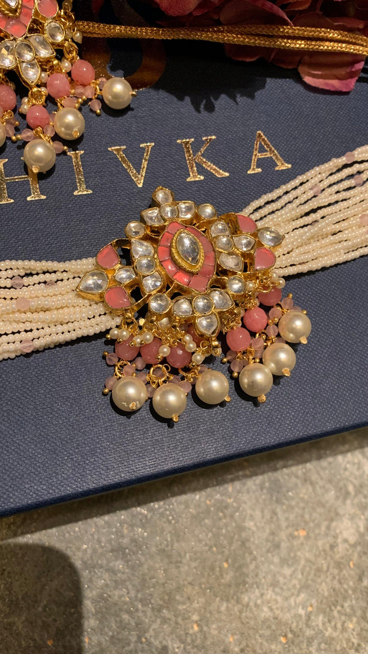 Pink Pearls Choker with Statement Earrings - SHIVKA
