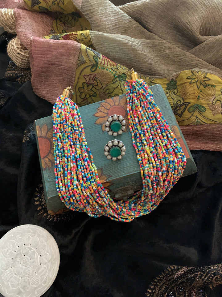 Multicoloured Statement Necklace with Gemstones Studs - SHIVKA