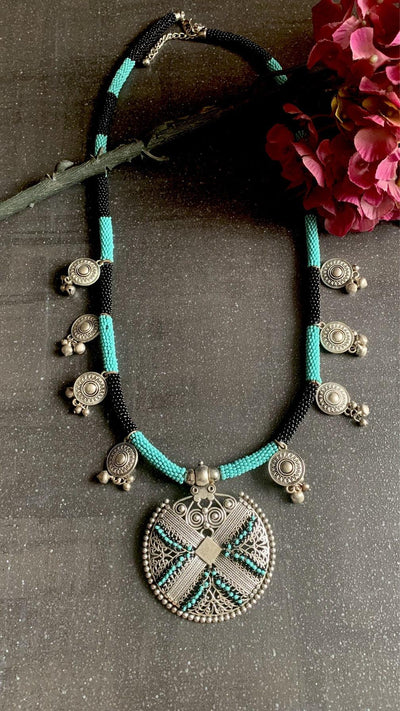 Turquoise and Black Tribal Pendant Long Necklace - SHIVKA