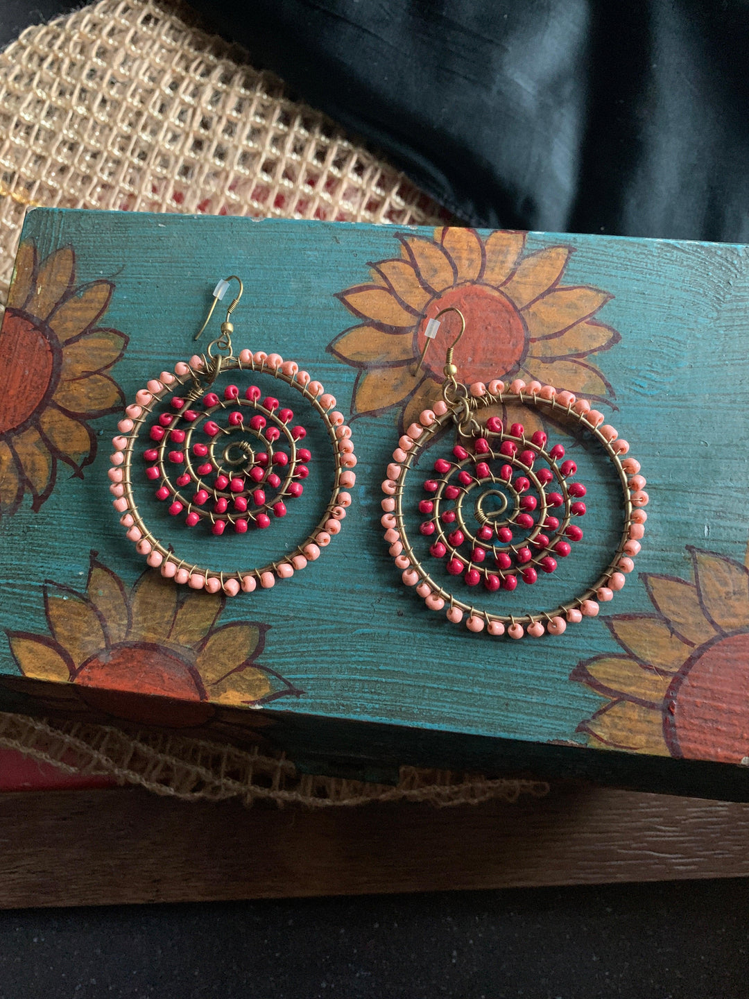 Pink and Red Beads Hoop Danglers - SHIVKA