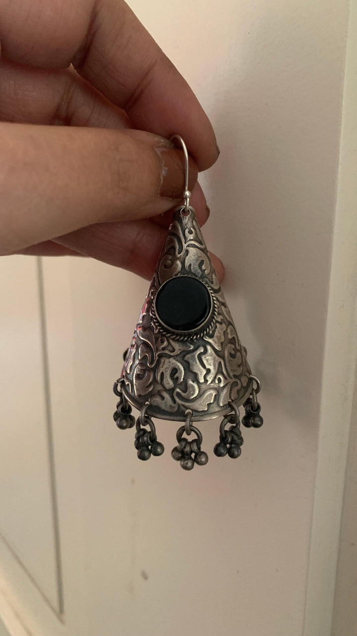 Vintage Pure 925 Silver Black Onyx Cone Earrings - SHIVKA
