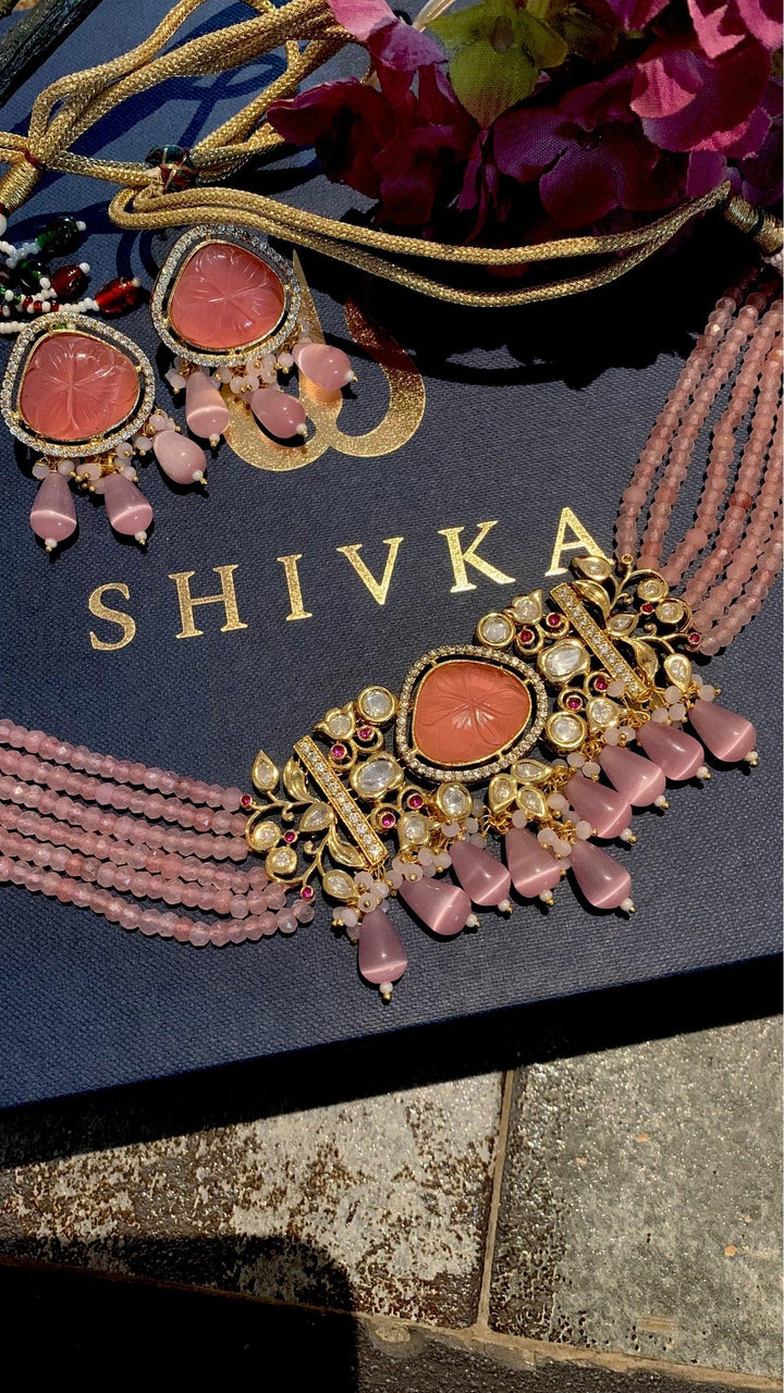 Pink Carved Stone Kundan Choker with Stud Earrings - SHIVKA