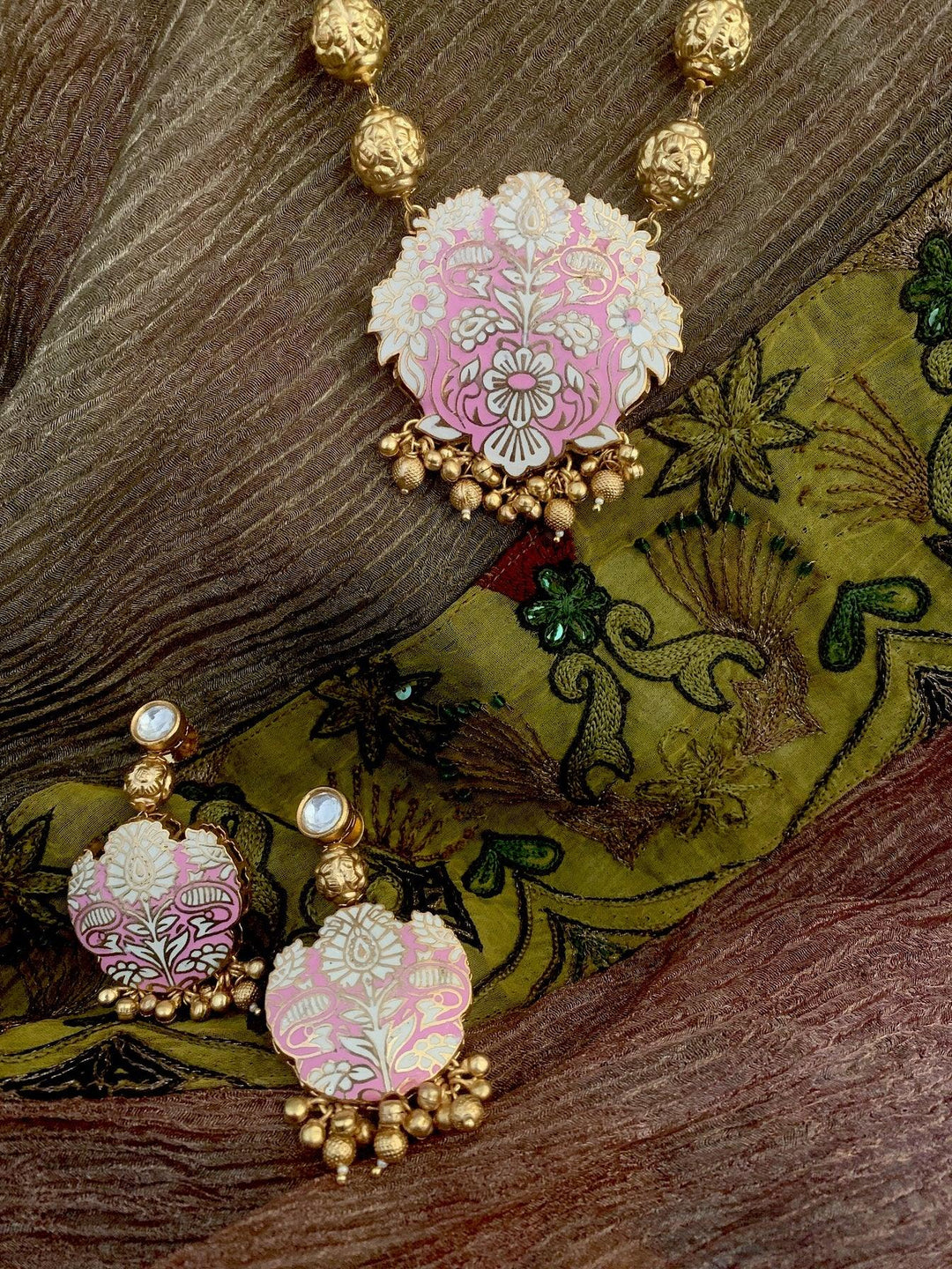 Pink & Gold Traditional Long Necklace with Earrings - SHIVKA