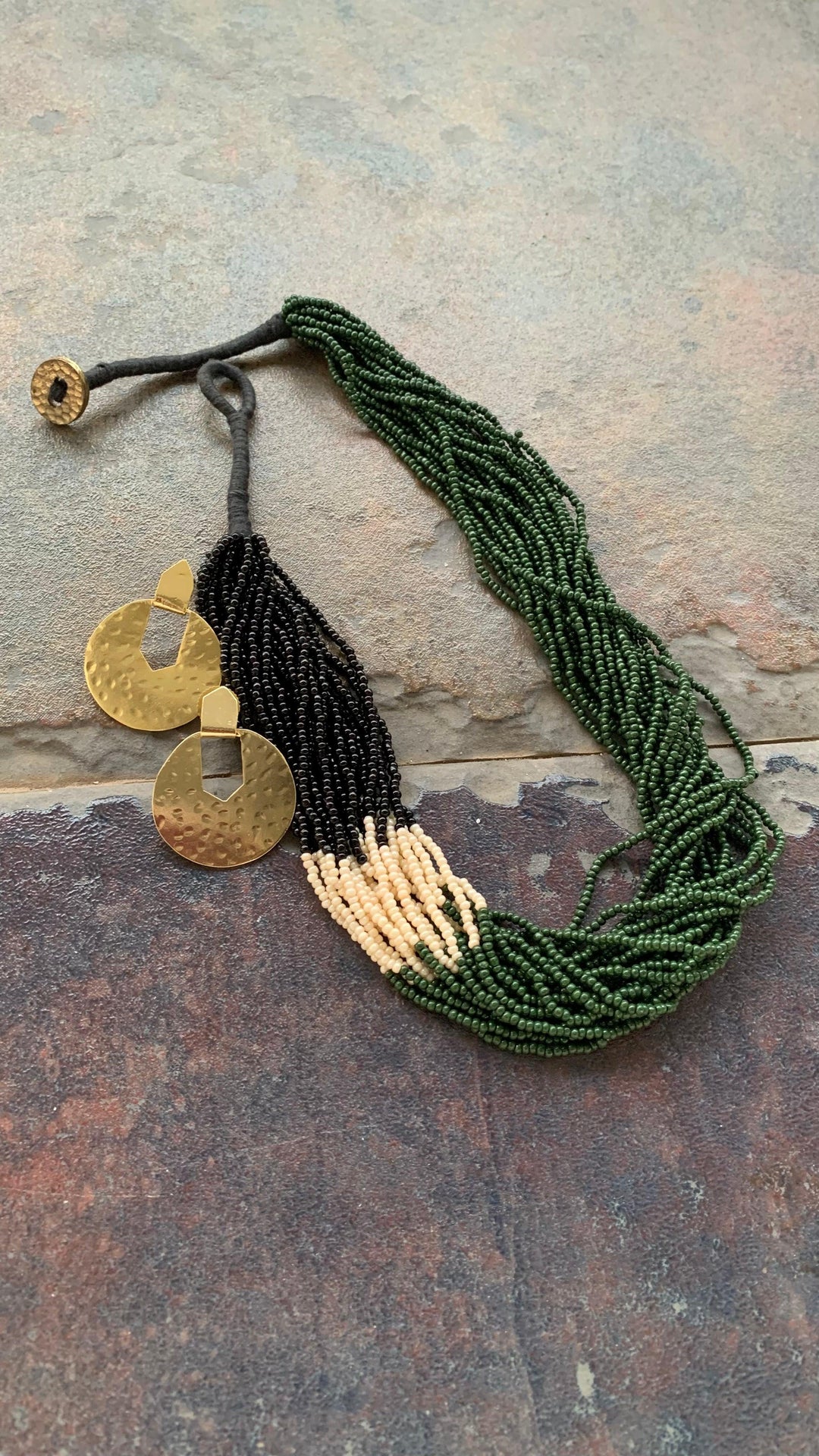 Stylish Green and Black Beaded Necklace with Statement Disc Studs - SHIVKA