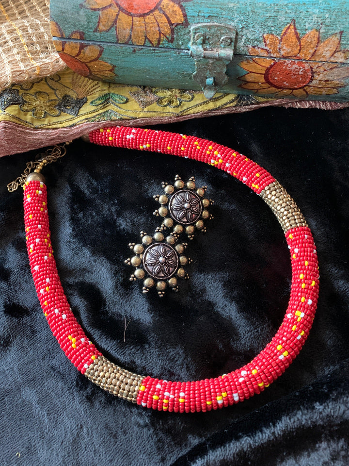 Red Beaded Necklace with Antique Studs - SHIVKA