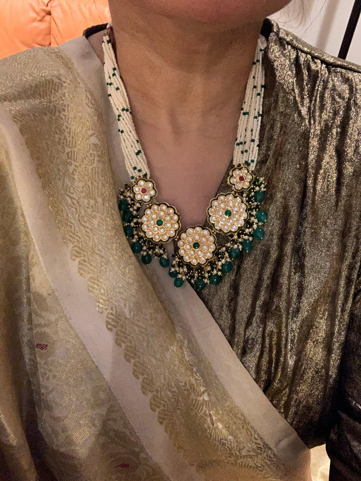 Traditional Flower Kundan Necklace with Earrings - SHIVKA