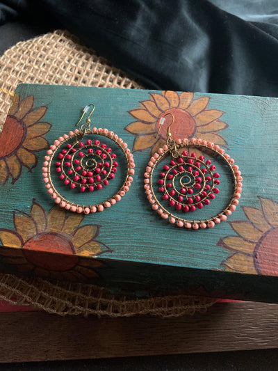 Pink and Red Beads Hoop Danglers - SHIVKA
