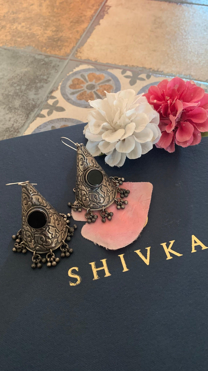 Vintage Pure 925 Silver Black Onyx Cone Earrings - SHIVKA