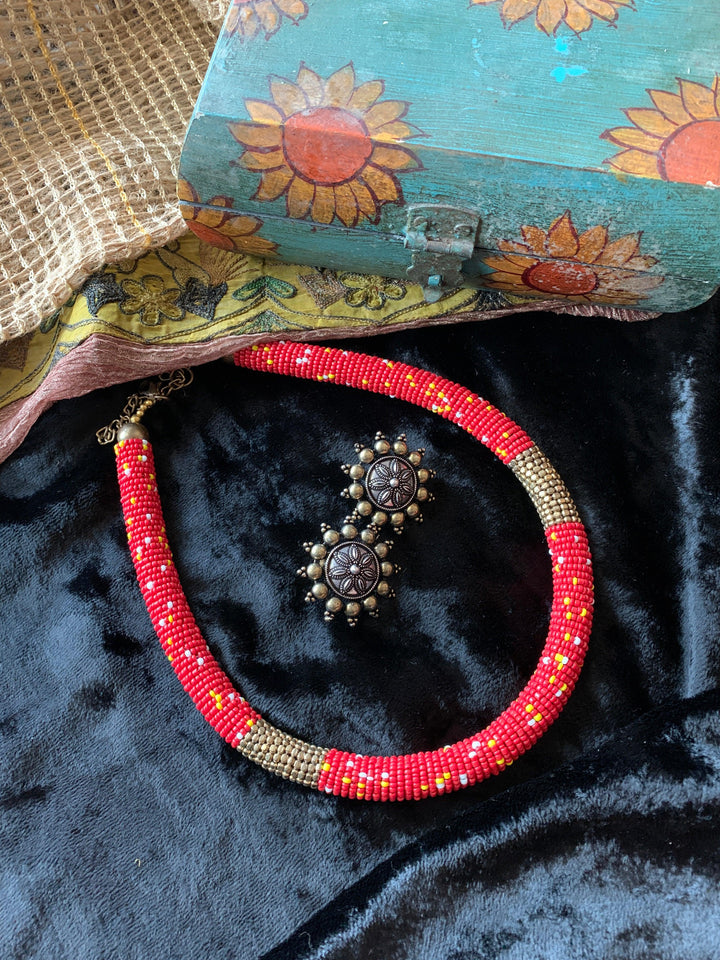 Red Beaded Necklace with Antique Studs - SHIVKA