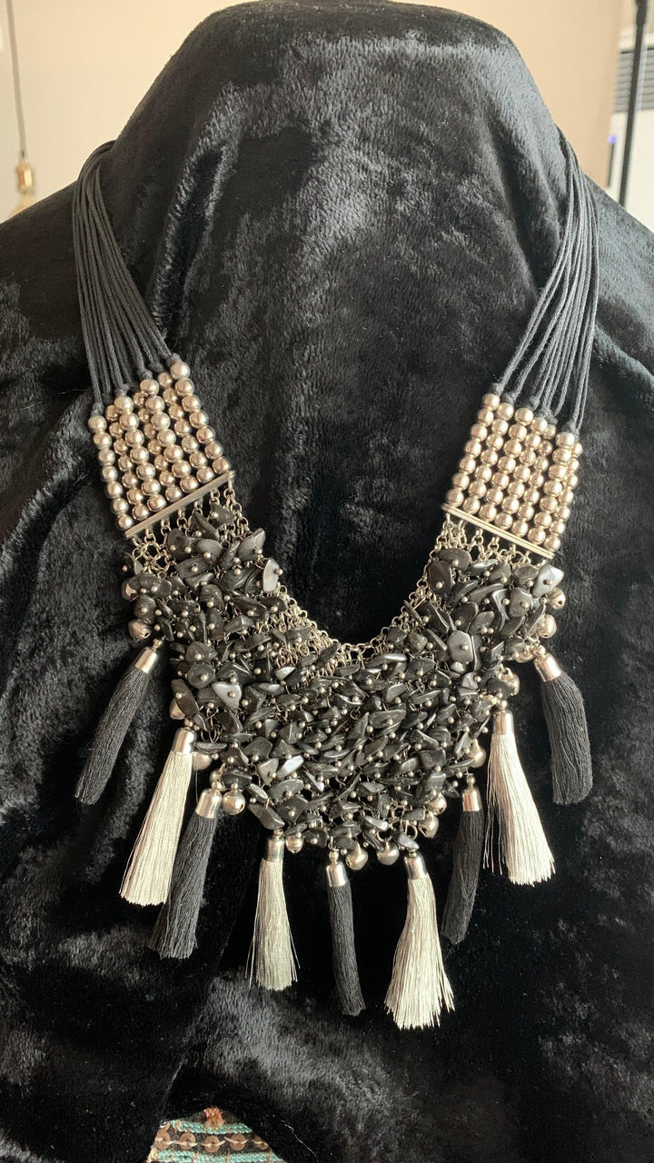 Silver and Black Designer beaded Necklace - SHIVKA