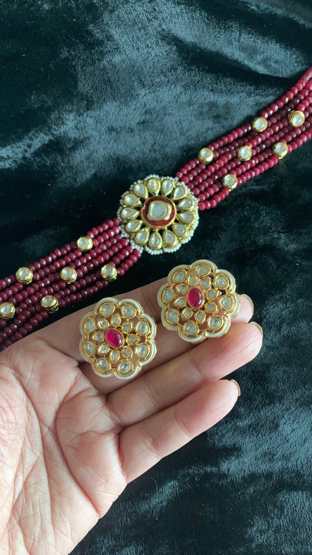 Ruby Kundan Flower Choker Necklace with Studs - SHIVKA