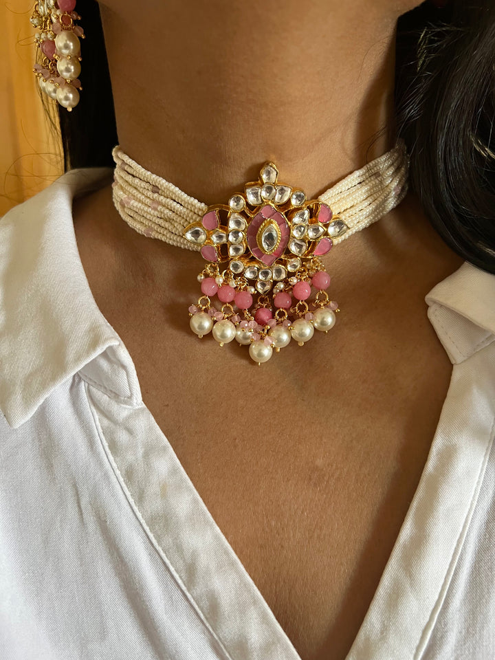 Pink Pearls Choker with Statement Earrings