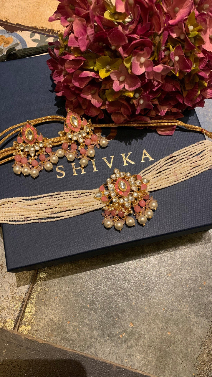 Pink Pearls Choker with Statement Earrings - SHIVKA