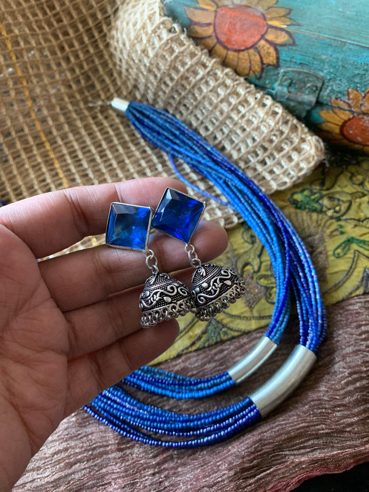 Royal Blue Ethnic Necklace with Antique Jhumkis - SHIVKA