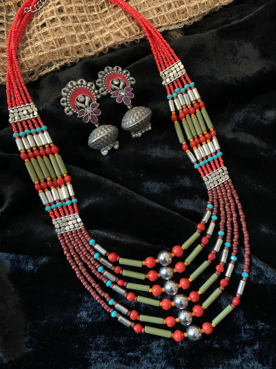 Trendy Coral Necklace with Enamelled Dome Jhumkas - SHIVKA